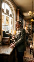 Middle-aged Caucasian man in gray blazer standing in vintage library study, leaning against wooden desk with stacked books and typewriter, arched window with posters, warm pendant lighting, classic interior design for editorial, lifestyle, and professional use.