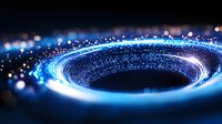 Glowing blue spiral light trail with bokeh effects against dark background creates futuristic abstract composition for technology and innovation concepts.