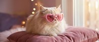 Adorable fluffy orange tabby cat wearing heart-shaped sunglasses sitting on pink cushion with warm bokeh lights creating cozy romantic atmosphere.