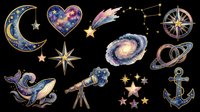 Watercolor galaxy clipart set with moon, heart, stars, whale, telescope, anchor, compass, and planet, isolated on transparent background for stickers, T-shirts, and print on demand.