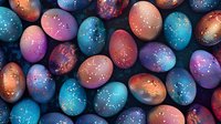 Cosmic Easter eggs in vibrant galaxy colors of blue, purple, and coral with sparkling star-like dots create magical holiday decoration pattern.