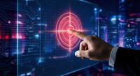 Businessman finger touching red target circle on futuristic digital interface with glowing data visualization and technology network background.