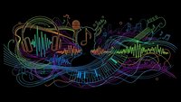 Colorful abstract music wave with sound frequencies, audio spectrum visualization, and musical notes flowing on dark background for digital art projects.