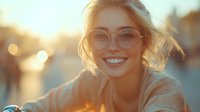 Young Caucasian woman with blonde hair and glasses smiling outdoors at golden hour sunset, wearing casual beige top, natural makeup and authentic expression.