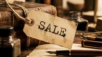 Vintage sale tag tied with twine beside old books, ink bottles, and quill pens on a rustic wooden desk, evoking antique charm.