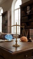 Brass scales balancing glowing digital brain and human brain in classic library setting representing artificial intelligence versus human intelligence comparison.
