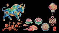 Colorful Asian decorative elements collection featuring ornamental bull, lantern, lotus flowers, cherry blossoms, lucky knot, and traditional coins isolated on transparent background for design projects.