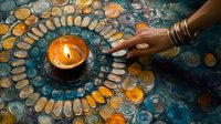 Female hand with gold bracelets lighting traditional oil lamp on decorative circular rangoli pattern in blue and orange colors during Diwali celebration.