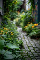 Narrow cobblestone garden path with yellow wildflowers and lush green plants along edges, creating magical atmosphere through soft focus and natural lighting.