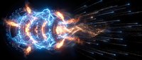 Glowing blue and orange energy waves with particle effects burst outward against dark background, suitable for sci-fi, technology, and motion graphics projects.