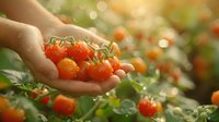 Fresh ripe cherry tomatoes with water drops held gently in farmer's palm against blurred garden background with natural bokeh and sunlight.