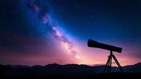 Silhouette of telescope against vibrant night sky with Milky Way galaxy, purple and blue cosmic clouds above mountain landscape at sunset.