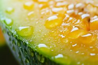 Extreme close-up of fresh yellow watermelon flesh with seeds showing juicy texture and natural pattern. Water droplets create appetizing detail for food photography.