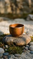 Copper bowl resting on moss-covered stone surrounded by pebbles and rocks in natural outdoor setting, suitable for wellness, meditation, and lifestyle design projects.