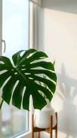 Monstera deliciosa plant with split leaves in white pot on wooden stand near bright window creating natural shadows in modern minimalist interior space.