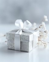 Silver glittery gift box with white satin ribbon bow and decorative lights on white surface for holiday celebrations and special occasions.