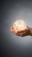 Hand holding glowing brain orb against neutral background, symbolizing innovation, intelligence, and creative thinking for business and technology concepts.
