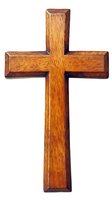 Wooden cross carved from rich brown oak with beveled edges and natural grain texture, isolated on white background for religious designs and faith-based materials.