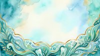 Watercolor ornamental border with flowing teal and gold flourishes, botanical leaf elements, and decorative swirls on white background. Isolated design element suitable for invitations, cards, and web graphics.