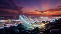 Ethereal light trails flow over rocky coastline at dramatic sunset with purple and orange sky creating mystical seascape atmosphere for meditation content.