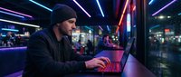 Man in black beanie and jacket working on laptop at neon-lit counter in urban nighttime setting, cyberpunk atmosphere for tech and digital content.