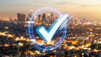 Digital checkmark symbol with glowing neon effects over blurred city skyline at sunset. Business verification and approval concept for presentations.