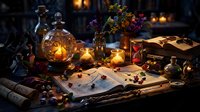 Mystical alchemist workspace with glowing potions, ancient scrolls, candles and magical artifacts on wooden table creating enchanting fantasy atmosphere.