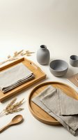 Minimalist kitchen flatlay with bamboo serving trays, gray ceramic bowls, linen napkins, wooden spoon and wheat stems on neutral background.