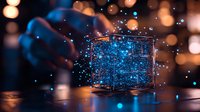 Glowing digital cube with network connections and data visualization effects against blurred bokeh background for technology and innovation concepts.