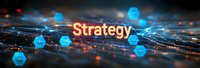 Glowing strategy text on digital network background with blue nodes and light trails representing business planning and technological connectivity.