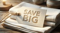 Save Big tag on folded linen fabric stack, warm natural tones, rustic wooden background, retail sale promotion concept.