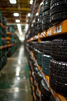 Stacked car tires on shelves in warehouse aisle with shallow depth of field showing automotive supply inventory storage.