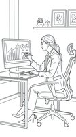 Woman with blonde hair tied back, wearing business attire, analyzing financial charts on computer monitor at modern office desk with shelving and decorative items behind her.