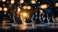 Chess pieces on dark reflective surface with magical glowing bokeh lights and sparkles creating mysterious atmosphere for strategy and competition concepts.