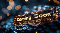Glowing "Coming Soon" sign with golden bokeh lights against dark background creating anticipation for upcoming event or product launch.