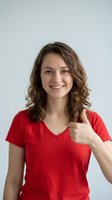 Happy young Caucasian woman in red t-shirt showing thumbs up gesture with bright smile against white background for positive marketing campaigns.