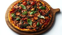 Fresh baked pizza with spicy pepperoni, mushrooms, basil leaves and melted mozzarella on wooden cutting board against white background.