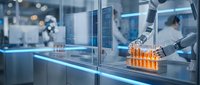Robotic arm handling test tubes in modern automated laboratory with blue lighting and scientific equipment for pharmaceutical research and development.
