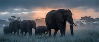 African elephant family walking through savanna grassland at sunset with dramatic cloudy sky and acacia trees in background wildlife photography.