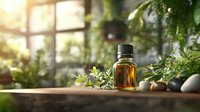 Amber glass essential oil bottle with fresh green herbs and zen stones on wooden surface in natural sunlight through window, wellness and aromatherapy concept.