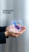 Businessman holding holographic smartphone with glowing digital interface and neon light effects, representing innovation, future technology, and digital transformation for business solutions.
