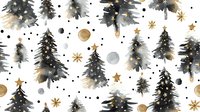 Watercolor winter forest pattern with black pine trees, golden stars and silver moons on white background. Seamless holiday design for wrapping paper.