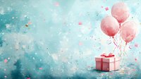 Pink balloons floating above gift box with red bow on dreamy turquoise background with falling confetti and bokeh lights, romantic celebration concept.