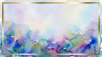 Watercolor landscape with soft blending of blue, purple, green, and gold tones creating an abstract mountain or horizon scene. Suitable for backgrounds, wall art, and design projects.