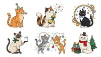 Cartoon cats celebrating holidays and special occasions with party elements, champagne, gifts, and festive decorations. Isolated clipart illustrations suitable for greeting cards, invitations, t-shirts, and seasonal design projects.