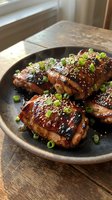 Glazed grilled chicken thighs with sesame seeds and green onions in cast iron skillet on rustic wooden table near window for culinary content.