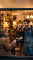 Male shopkeeper in denim apron assisting male customer at warm-lit boutique storefront with string lights and vintage decor, evening shopping scene for retail and small business concepts.