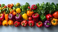 Fresh colorful bell peppers and tomatoes arranged in row with green parsley on gray background, organic produce for healthy cooking and meal prep.