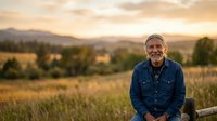 Mature man with gray hair and facial hair, wearing a denim shirt, smiling at camera in rural valley landscape during golden hour sunset with mountains and fields.