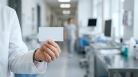 Healthcare professional in white coat holding blank business card in modern medical laboratory or clinic setting with blurred colleagues and equipment in background.